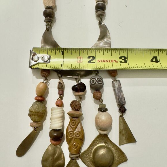 Boho Tribal Statement Necklace Wood Beads Brass Metal Dangles Mixed Media Artsy - Picture 9 of 9